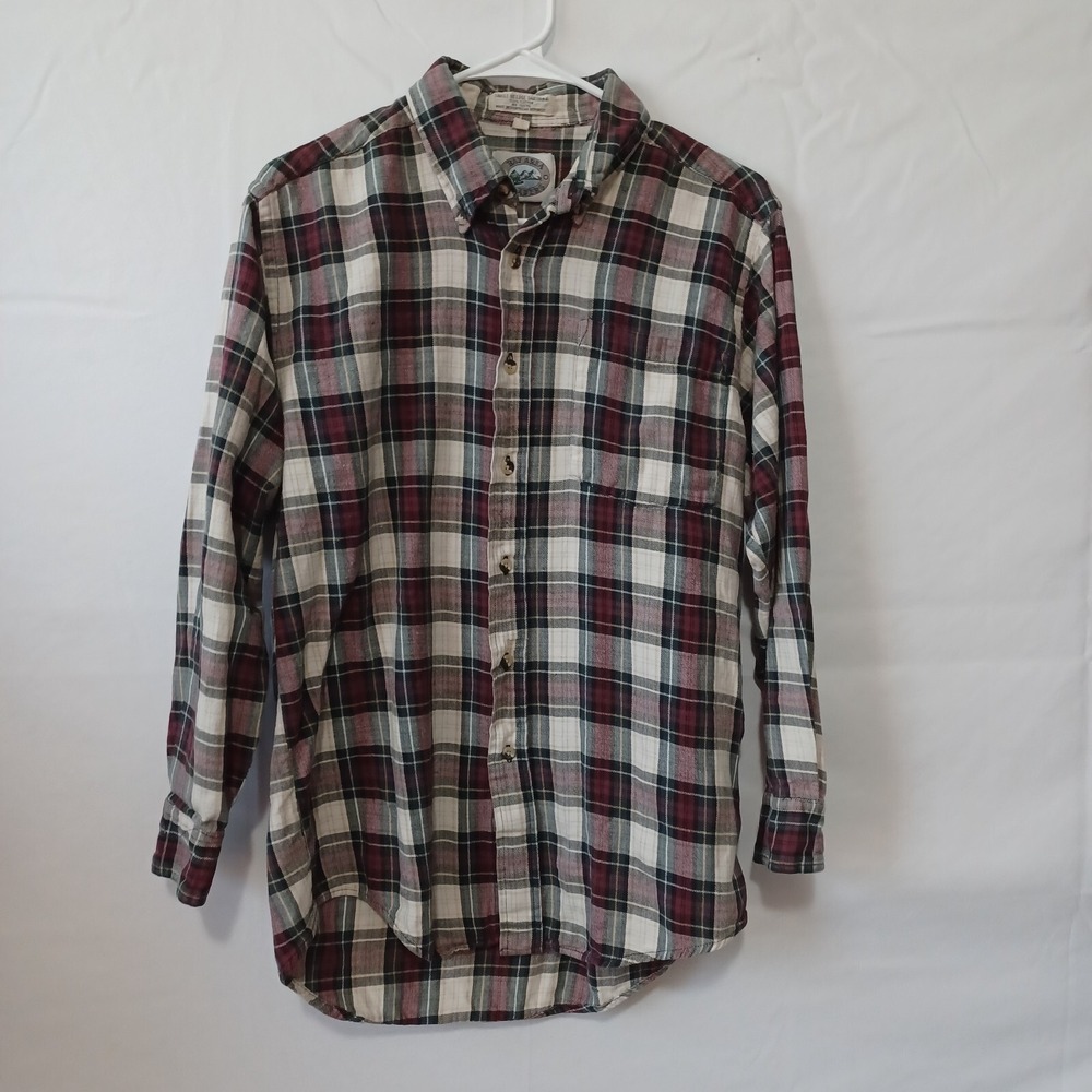 Bay Area Traders flannel shirt button Up Red beige plaid men  casual work sz S